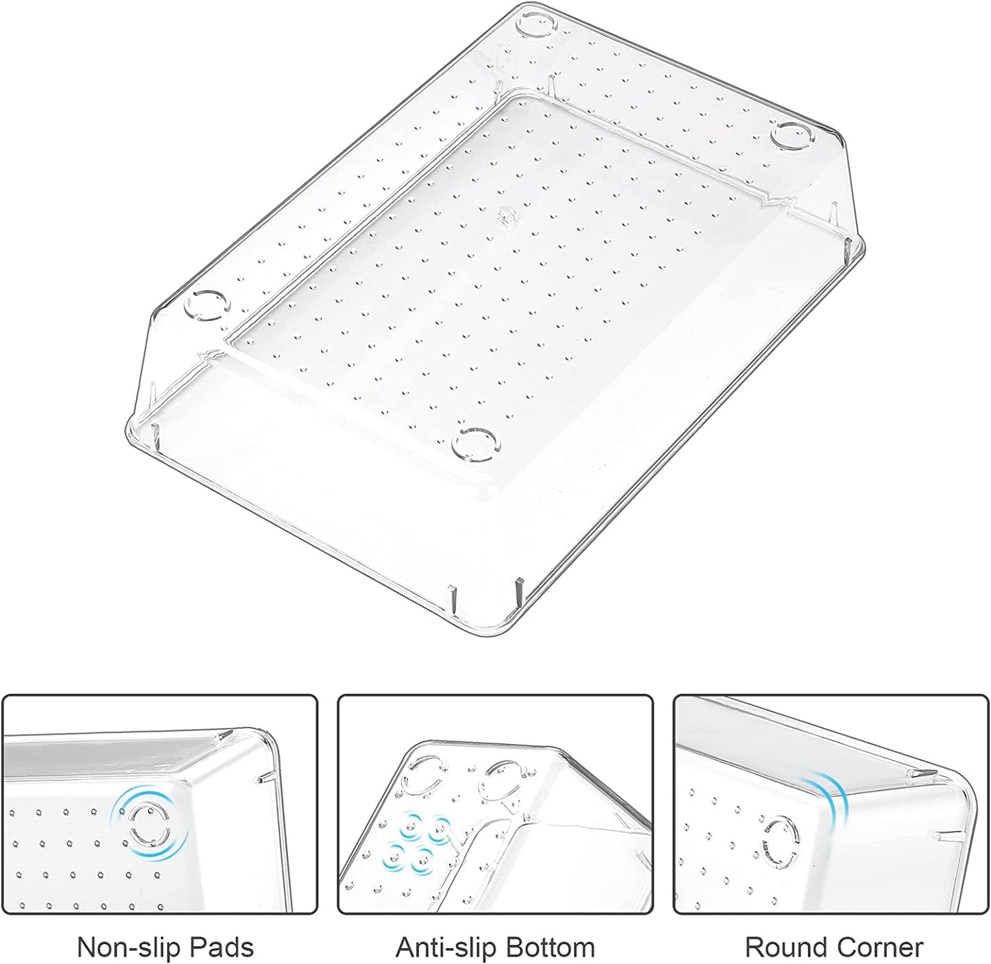 7 Pcs Clear Desk Drawer Organizers Set, 4-Size Plastic Bedroom Vanity Dresser Tray Acrylic Bathroom Storage Bins for Makeups Jewelries Kitchen Utensils Gadgets Office Accessories