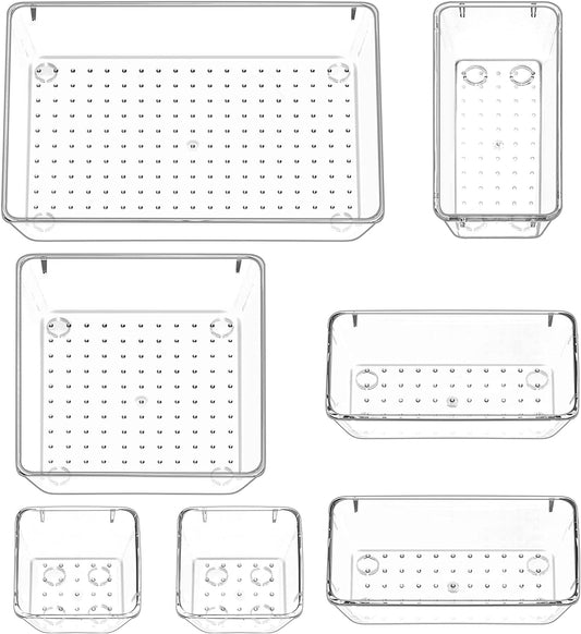 7 Pcs Clear Desk Drawer Organizers Set, 4-Size Plastic Bedroom Vanity Dresser Tray Acrylic Bathroom Storage Bins for Makeups Jewelries Kitchen Utensils Gadgets Office Accessories